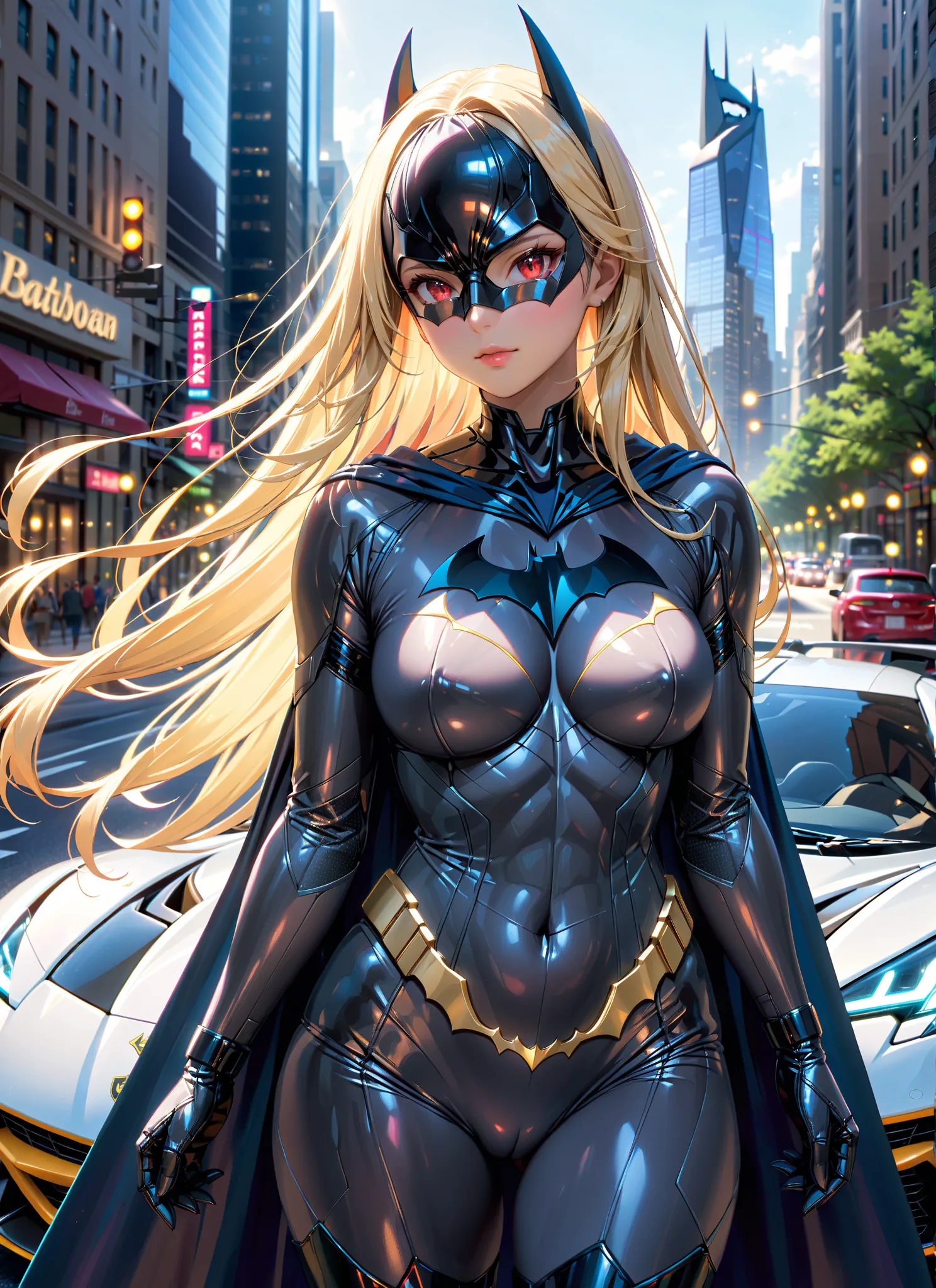 A young girl, French, cute face, ((wide shot, gravure pose:1.2)), solo, (dark skin:1.4), (light red eyes, very long straight hair, blonde hair, medium breasts:1.2), pubic hair, (toned:1.3), looking at viewer, (Drive a Batman car:16), (glowing:1.2), (evil g...