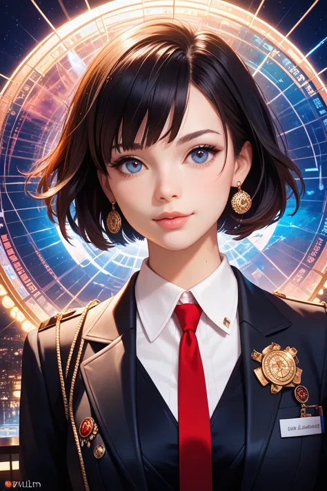 beautiful woman under hoodie、Foreigners、 short dark hair 、 suit、 business scene 、 realistic expression、8K Ultra Realistic、stylish style that looks like a kaleidoscope