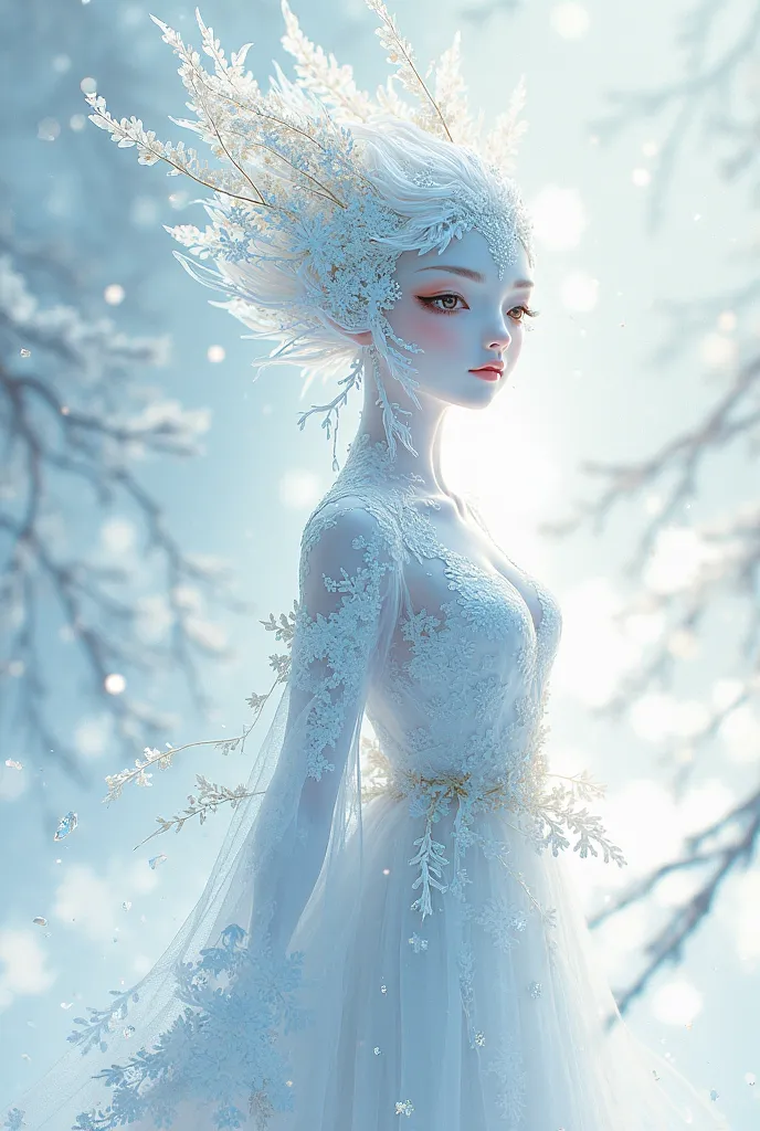 Portrait of a Japanese two-dimensional anthropomorphic character modeled after snowflakes