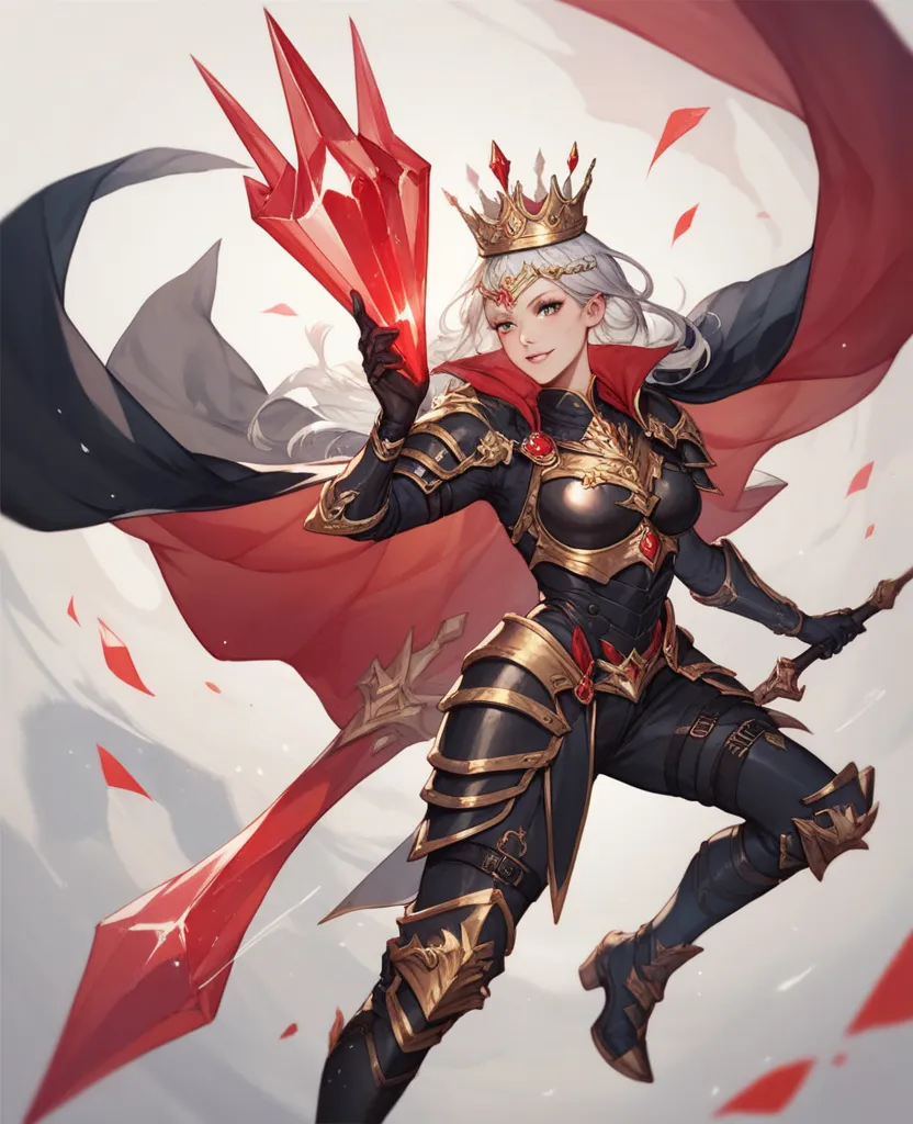 Woman, black armor with red details, black gloves, black cape, black boots with Golden details, wearing a silver Crown with red crystals