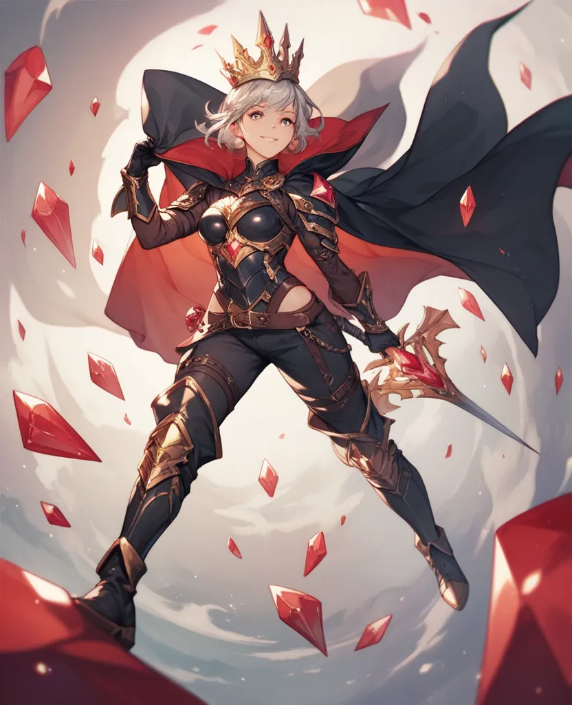 Woman, black armor with red details, black gloves, black cape, black boots with Golden details, wearing a silver Crown with red crystals