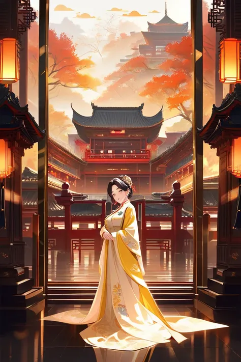 Beauty，mature，tarty，Sexy ，beautiful legs, wears a Chinese costume ，Chinese architecture ，2D anime