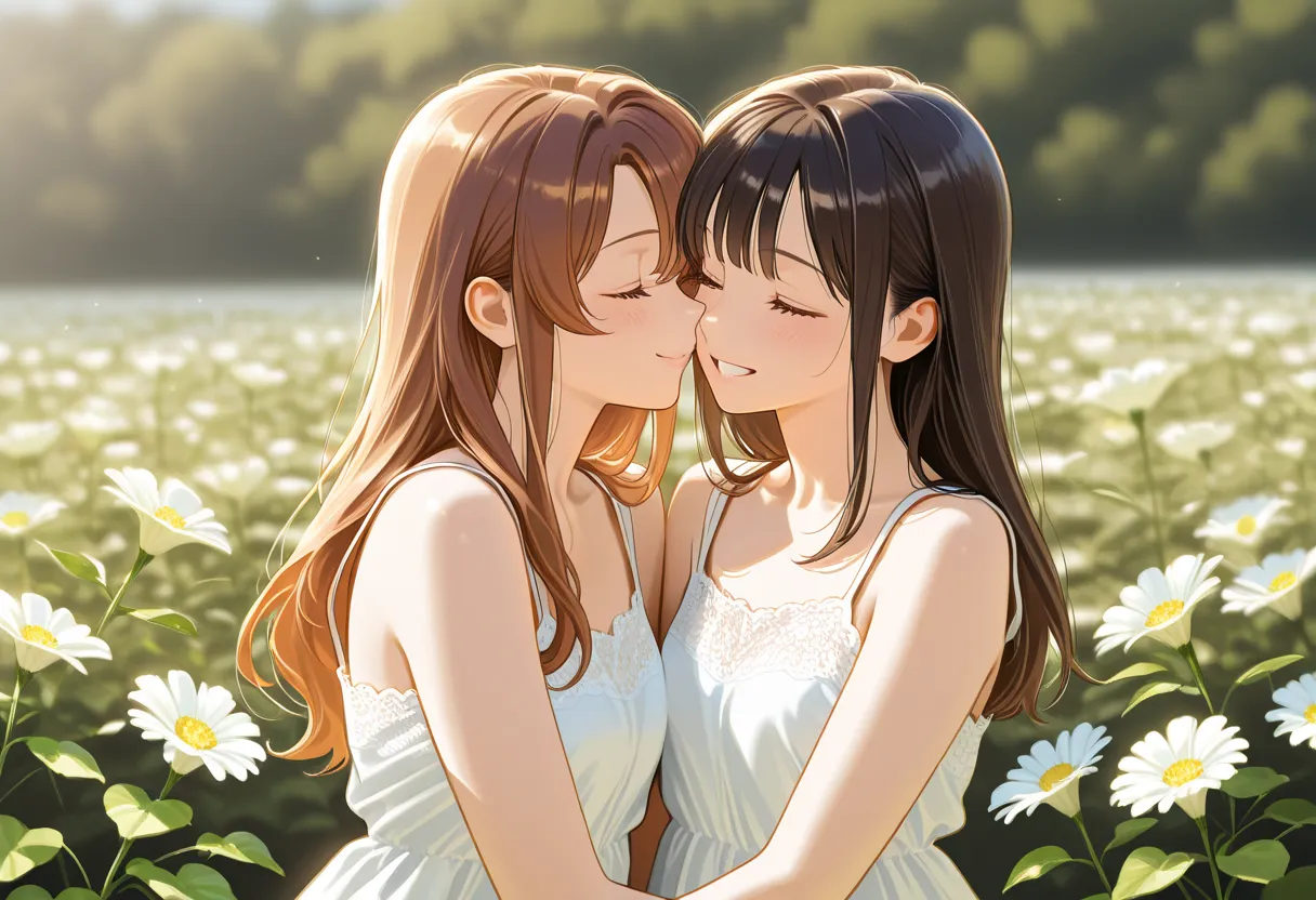 1 girl, 1 woman, hug, kiss, masterpiece, best quality, ultra detailed, intricate details, highly detailed, photorealistic, 8K, UHD, 
