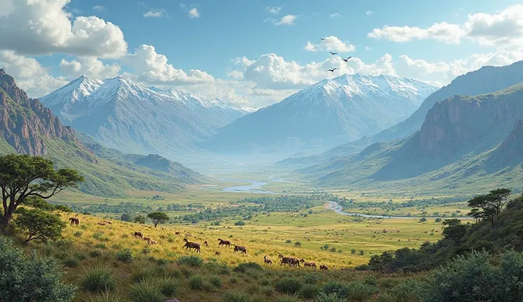 A panoramic view of the Great Rift Valley, showing a mix of forests, grasslands, and volcanic mountains