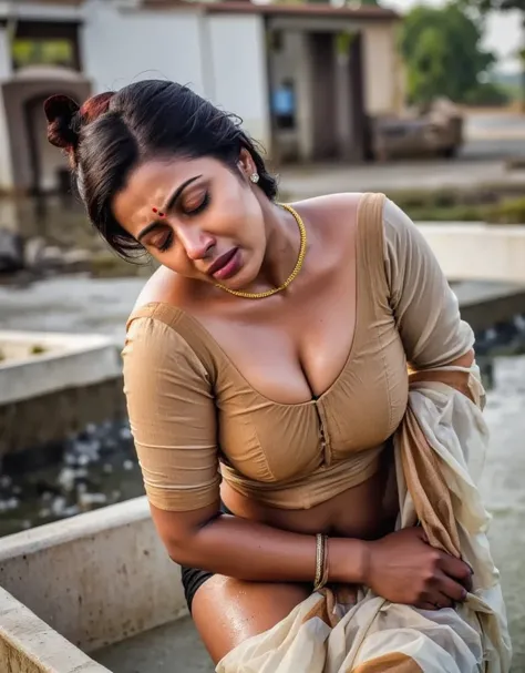 Front view, full body portrait image of busty sexy woman, washing her clothes inside bathroom,in wine blouse and wine transparent saree,wet body,hair bun,red lips,sexy busty women,bright lighting, village area, village bathroom, deep cleavage, big breast, 