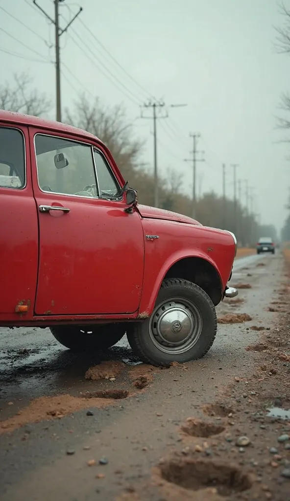 photography-realistic right side shot of Mobil VW kodok merah, strike in the middle of a broken road full of potholes, the front wheel comes off the side of the car. Roads in the countryside badly damaged. High details, ultra focus.Anatomically Correct, 