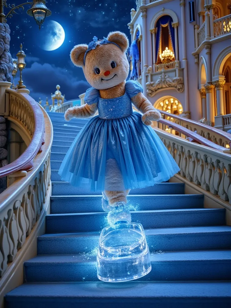 A movie poster for 'Cinderella,' starring Butterbear. She rushes down a grand castle staircase in a shimmering blue ball gown as a big glass shoe slips from her foot. The perfectly clear crystal shoe , big shoe for mascot paw down on stair , glows under th...