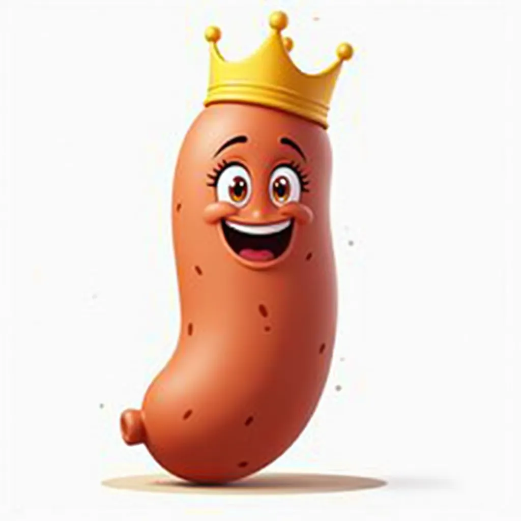 A full body image of a jovial  sausage, beaming with joy, dons a vibrant golden crown, its soft, long body a warm, appetizing brown, with  a perfectly grilled texture, its bright, expressive eyes a sparkling brown, and a cheerful, upturned smile revealing ...