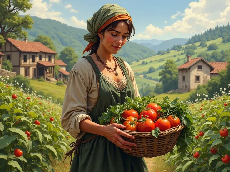 Draw a picture of a peasant woman holding a basket full of fruits and vegetables