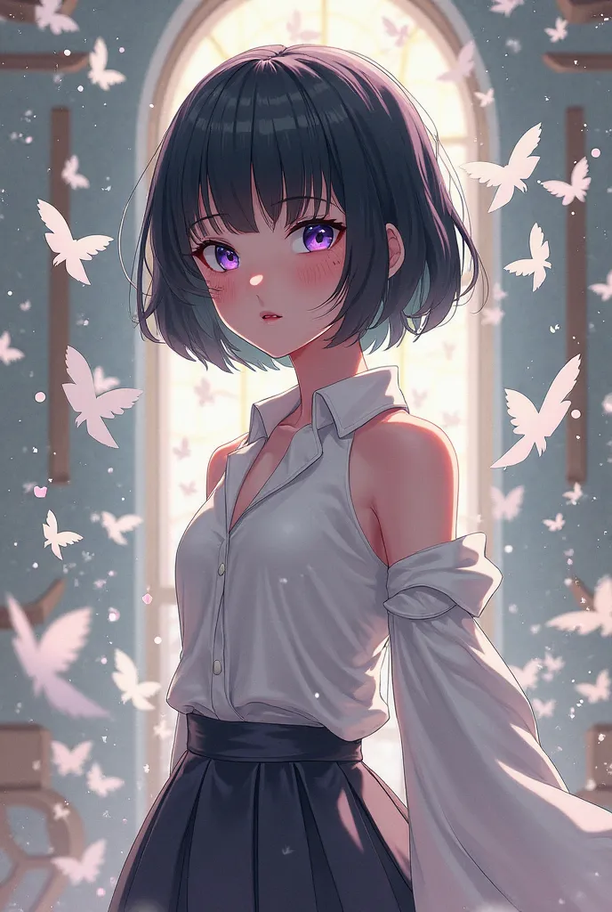  black-haired girl,  purple eyes, with freckles, short hair,  average height, power to control paper, cool clothing, version anime