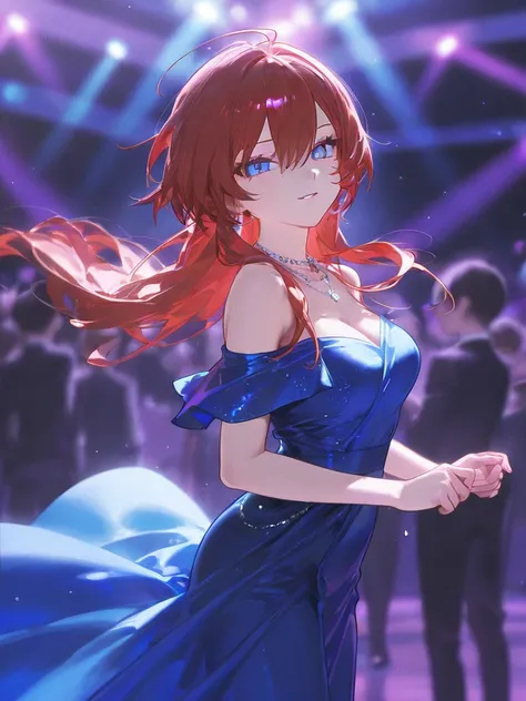 Create 1 female character, long red hair, blue sharp eyes, blue evening dress, long skirt, dance party, silver necklace, beautiful tall, standing face, standing, looking at the viewer, high definition, full 