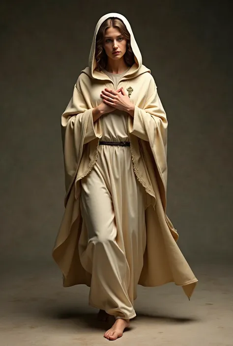 A virgin Mary walking barefoot slowly ,with a key on the left hand, and two rings on the right hand, with a beige cloak up to her head and her brown hair shows.He wears his hands at chest height and only his right foot protrudes from the mantle