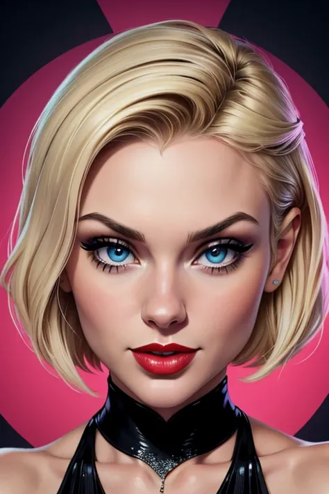 A portrait of a beautiful female singer whose face combines features of Samaire Armstrong + Sabrina Carpenter + Taylor Swift + Katharine McPhee. The female has a choppy platinum-blond pixie cut. The female has blue eyes. The female wears a sparkly black dr...