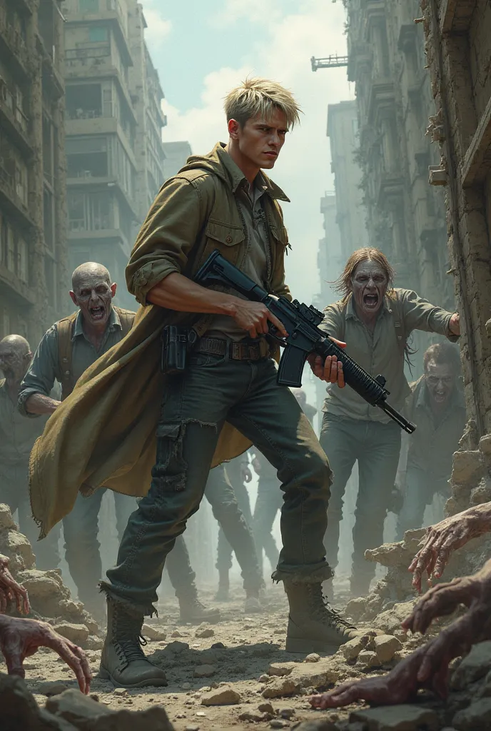 A young skinny blond guy shoots at other zombie city survivors