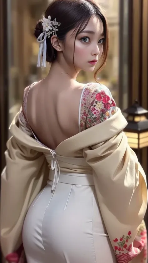 beautiful back、Broad back、off-shoulder、((A splendid furry kimono:1.2、 Gorgeous Embroidered Kimono :1.3,Gorgeous Japanese clothing:1.2))、Medium breast、(nihongami,braided bun)、(( turn around、 look back、 looking out 、camera))、Inside the Japanese-style room、Gr...