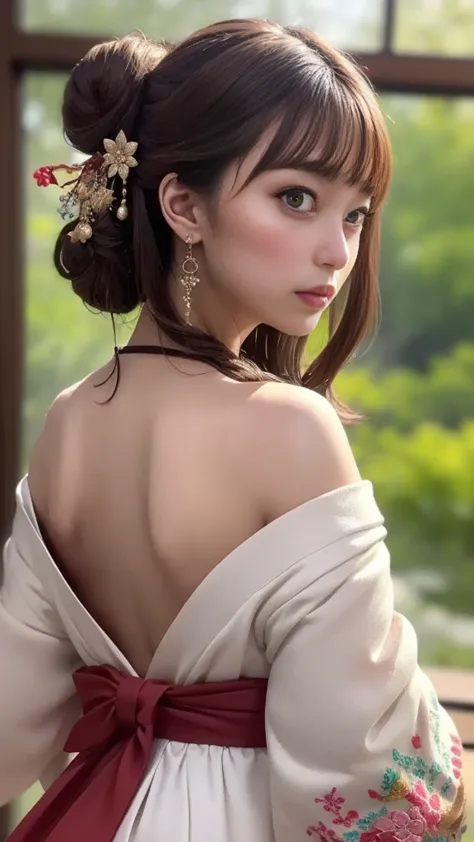 beautiful back、Broad back、off-shoulder、((A splendid furry kimono:1.2、 Gorgeous Embroidered Kimono :1.3,Gorgeous Japanese clothing:1.2))、Medium breast、(nihongami,braided bun)、(( turn around、 look back、 looking out 、camera))、Inside the Japanese-style room、Gr...