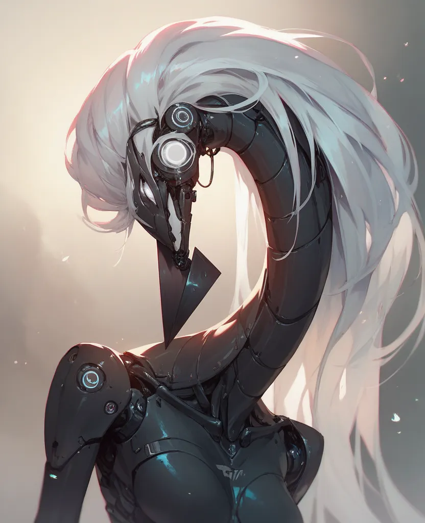 Robotic creature, humanoid face, white eyes, long silver hair, long neck, black body