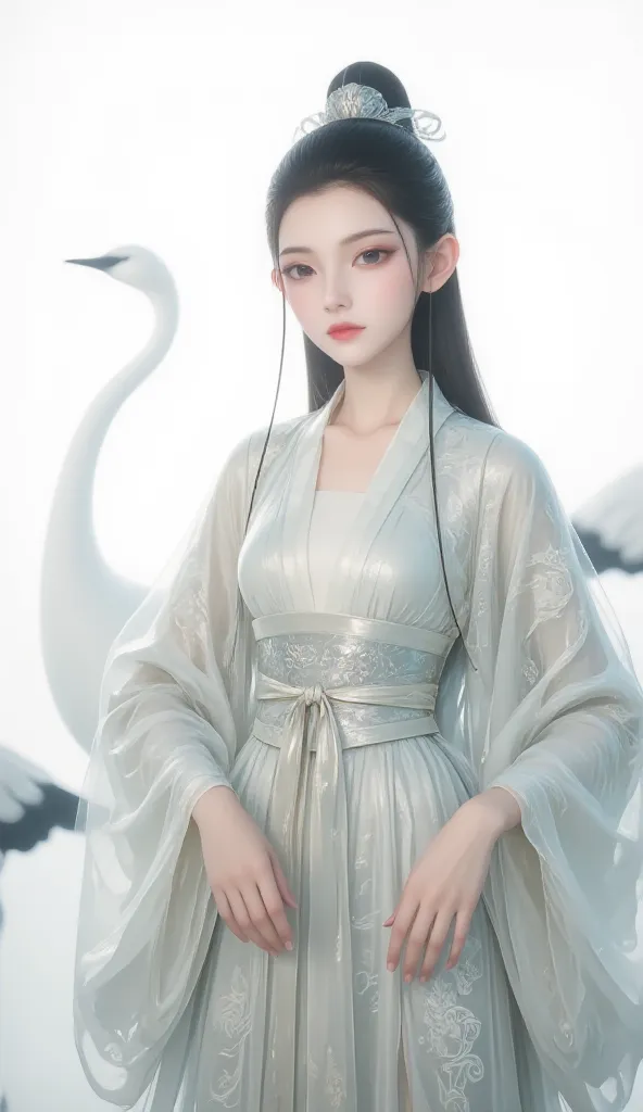 a girl, Ancient Chinese clothing,  full body,  sunshine, Clear face,   Clean White Background ,  masterpiece, super detailed,  Epic Composition,  Ultra HD, high quality, Extremely fine,  Official Art , Clear 8k Wallpaper , super detailed, 32K，CG，crane girl...