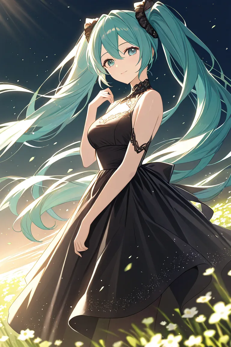 Hatsune Miku with big breasts and a beautiful black dress