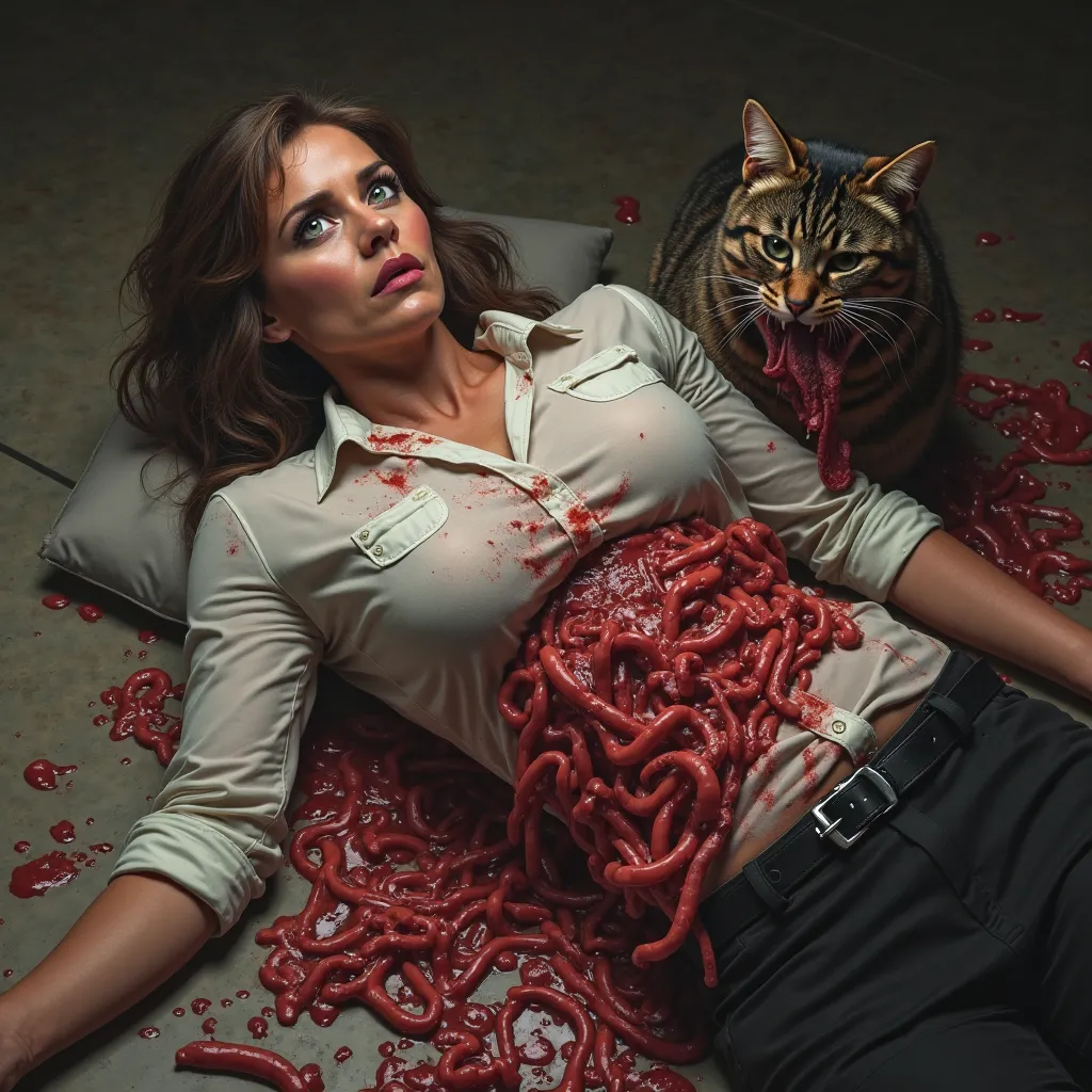 A business woman is alive and suffering, a cat eats her intestines, eyes opened , belt, blood on stomach , lots of guts ,cat eating her guts , above perspective elevated view 