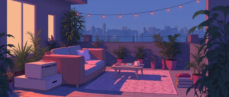 Rooftop at night、nighttime scene、outside of house、with no people、Calm and meditative atmosphere、houseplant、Lo-fi atmosphere、String Light、Cozy sofa、Pink radio with retro design、Hot coffee on the coffee table、Warm blanket、 books、There is an acoustic guitar、