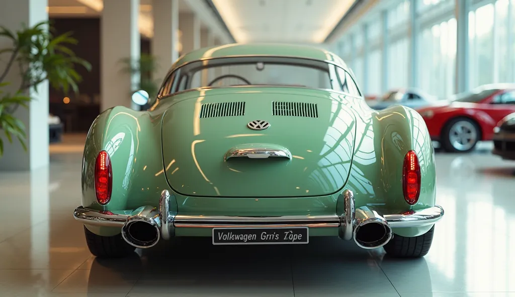 "A realistic, high-quality image of a modern sports car seen from the rear angle, resembling a 1955 Volkswagen Karmann Ghia Type 14. The car is soft green with glossy paint and a sleek, aerodynamic design. It has four large, round exhaust pipes and a wide,...