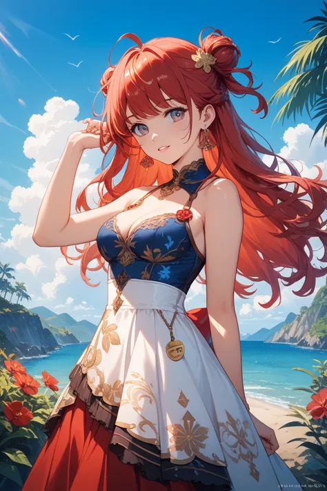 Beautiful foreign girl、anime style、 long red hair with ocean print、 fantasy background、 magical atmosphere、soft focus、 detailed clothing