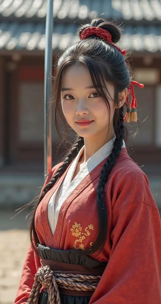 Japanese beauty, 20 years old，Slim and cute、The side of the chest is raised.、Eye slits、I can see from head to toe.，The chest is very large.、The background is a Japanese castle.、High quality photos、clear, Sharp lower body image、Masterpiece 8K、smile、Kunoichi...