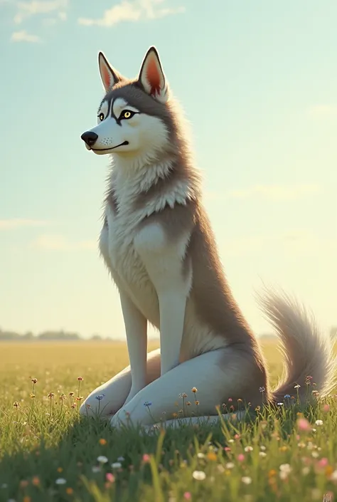 Anthropomorphically shaped female Husky with fur. I mean, Husky-shaped, but as a humanoid without losing its canine form, kneeling in a field looking forward 