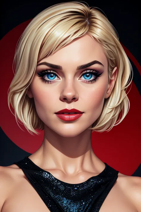 A beautiful female singer whose face combines features of Samaire Armstrong + Sabrina Carpenter + Lisa Rinna + Katharine McPhee. The female has a choppy platinum-blond pixie cut. The female has blue eyes. The female wears a sparkly black dress. The female ...