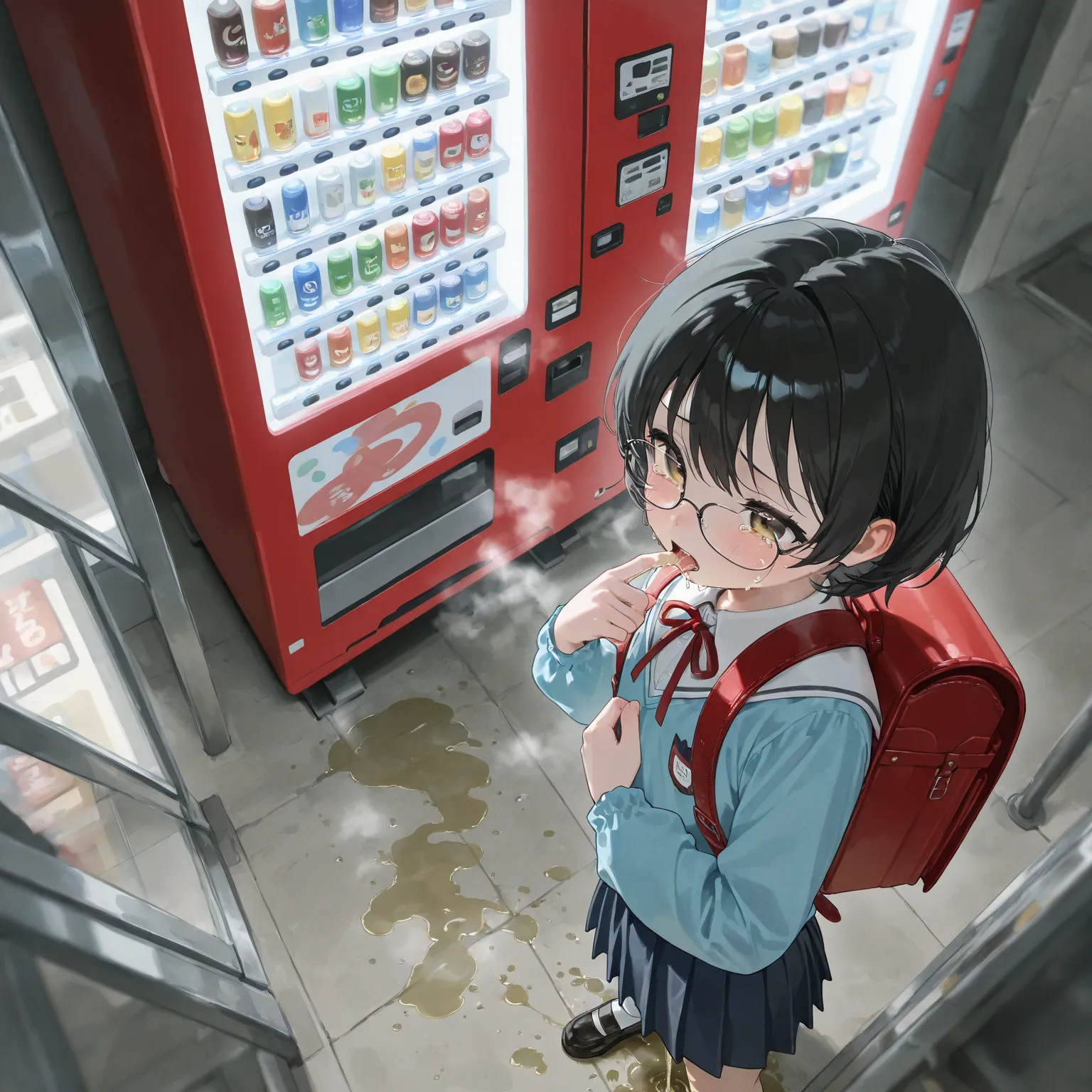 cute girl，  elementary school toddler flat chest、、 school uniform、black hair short hair、Glasses、 teary eyes in the store 、Next to the vending machine  、Bright outdoors、 carrying a red backpack、Suck your finger with your mouth 、Pee while standing、pee steam ...