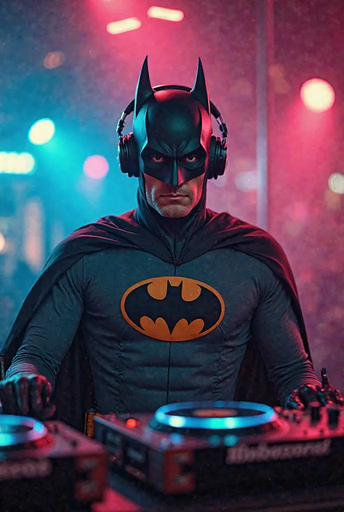 Batman as a dj, he is looking at the camera, it is adam west batman, his headphones are cool, 4k, best quality