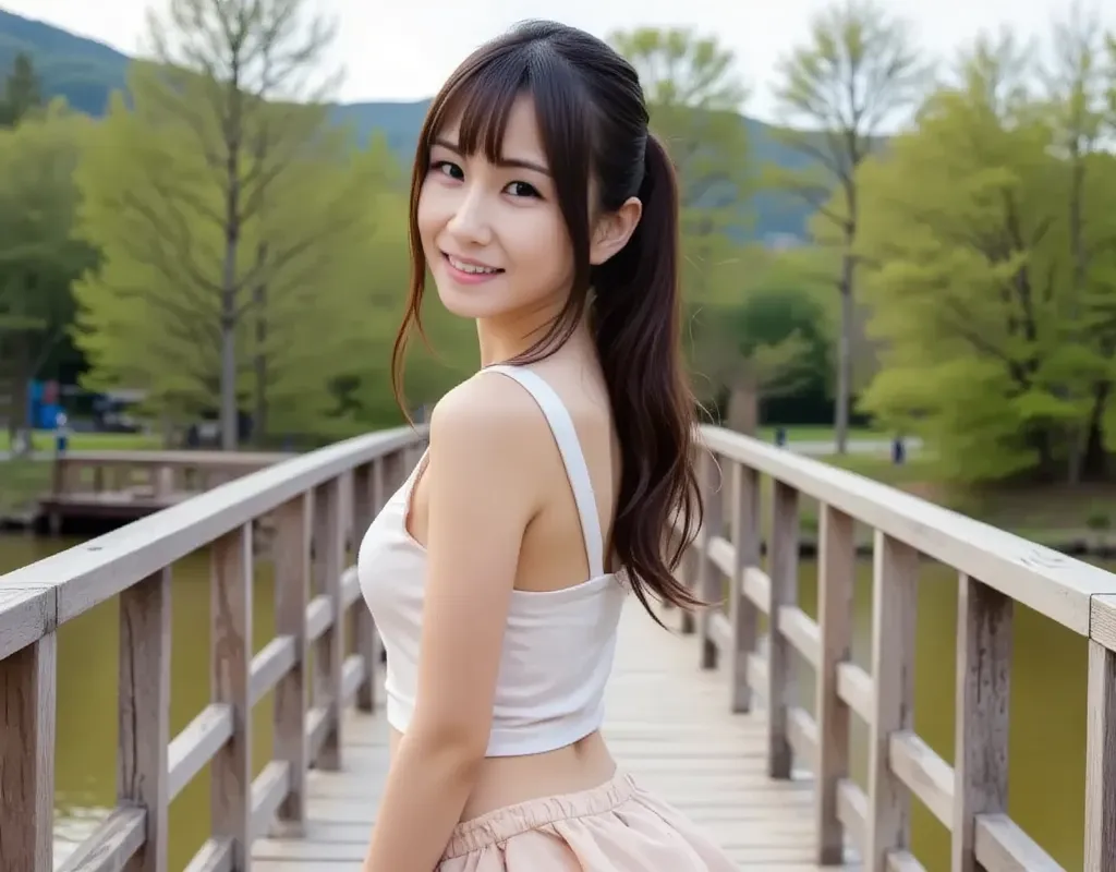 Japanese woman, cute, (long ponytail), (full body), blouse, (mini skirt), cowboy shot,full body shot,standing,Japanese woman, cute, (ponytail), (full body), blouse, (mini skirt), cowboy shot,full body shot,standing,on the footbridge、 full body shot、 back v...