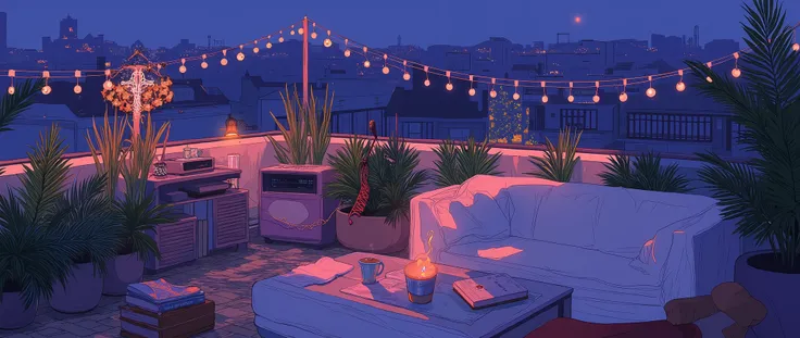 Rooftop at night、nighttime scene、outside of house、with no people、Calm and meditative atmosphere、houseplant、Lo-fi atmosphere、String Light、Cozy sofa、Pink radio with retro design、Hot coffee on the coffee table、Warm blanket、 books、There is an acoustic guitar、