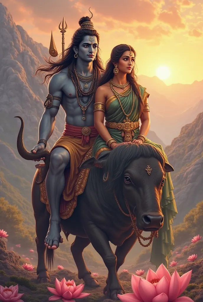 Prompt:

"A highly detailed and artistic digital painting of Lord Shiva and Goddess Parvati sitting together on Nandi, the sacred bull.

Lord Shiva has long flowing hair, a crescent moon on his head, and holds a trident. His body is adorned with rudraksha ...