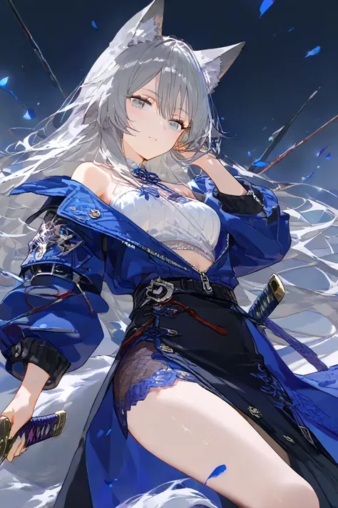 fox girl, fox ears, fox teils, grey hair, long hair, hair between eyes, Bangs Tail, long coat, half skirt, bloodstained, Japanese sword, 1girl, central, parka, off shoulder,　partially unzipped, beautiful eye,(grey eye:1.5),(blue eye:1.3) HD, high resolutio...