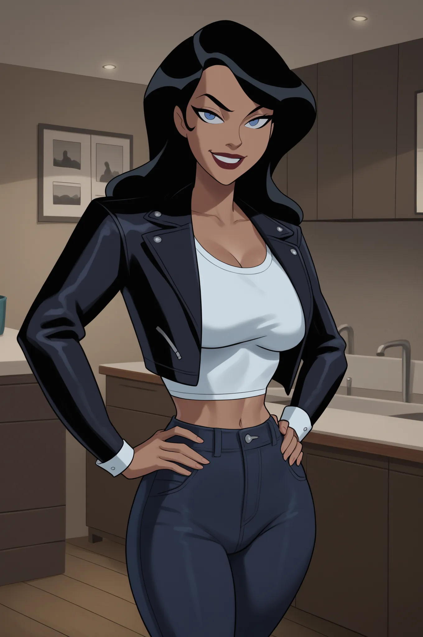 PonyXLV6_Scores BREAK ((parody) perfect anatomy, perfect eyes, cowboy shot), BREAK zatanna zatara, long hair, black hair, dark-skinned female, blue eyes, lipstick, flirting, raised eyebrow, ((looking at viewer)), long hair, black crop top, black jeans, bla...