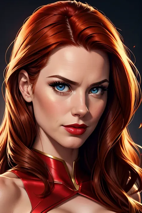 A waist-up portrait of a beautiful young woman who looks like a mix of Bridget Regan + Christina Hendricks + Maitland Ward + Melinda Clarke + Hayley Atwell. The woman has lovely makeup on her face. The woman wears red lipstick. The woman has a long mane of...