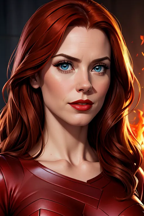 A waist-up portrait of a beautiful young woman who looks like a mix of Bridget Regan + Christina Hendricks + Maitland Ward + Melinda Clarke + Hayley Atwell. The woman has lovely makeup on her face. The woman wears red lipstick. The woman has a long mane of...