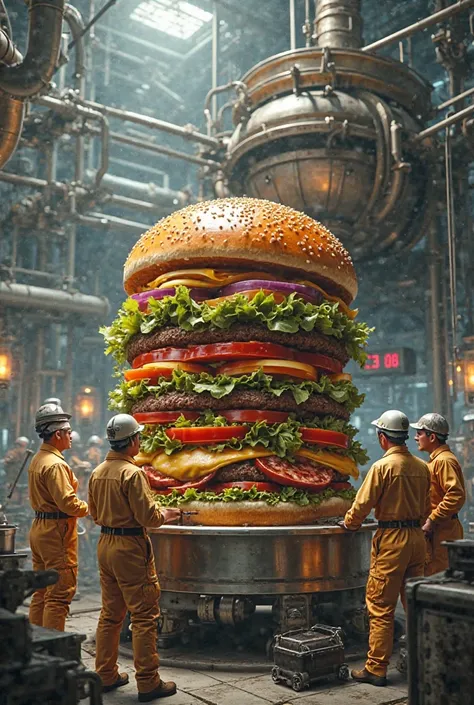 A few workers are making a large burger, and next to them, there is a large machine attached.

