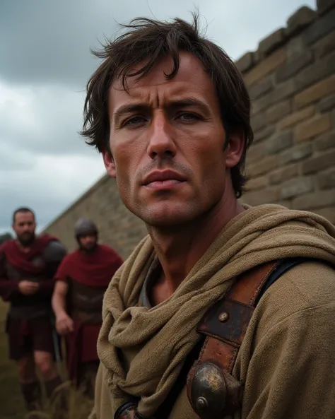 A close-up portrait of a displaced Briton from the 2nd century CE, forced to leave his home due to the construction of Hadrian’s Wall. His expression is stoic yet hardened by struggle, with piercing blue eyes reflecting quiet defiance. His weathered face i...