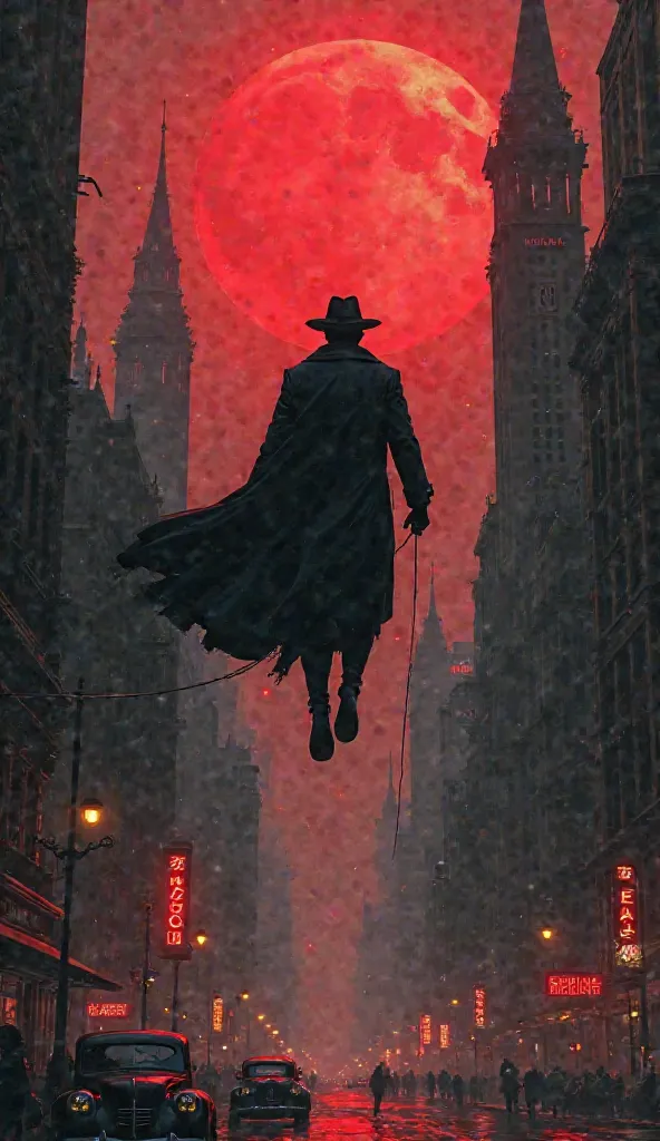  "A noir-style Spider-Man in a trench coat and fedora, swinging through a 1930s crime-ridden city under a blood-red moon."