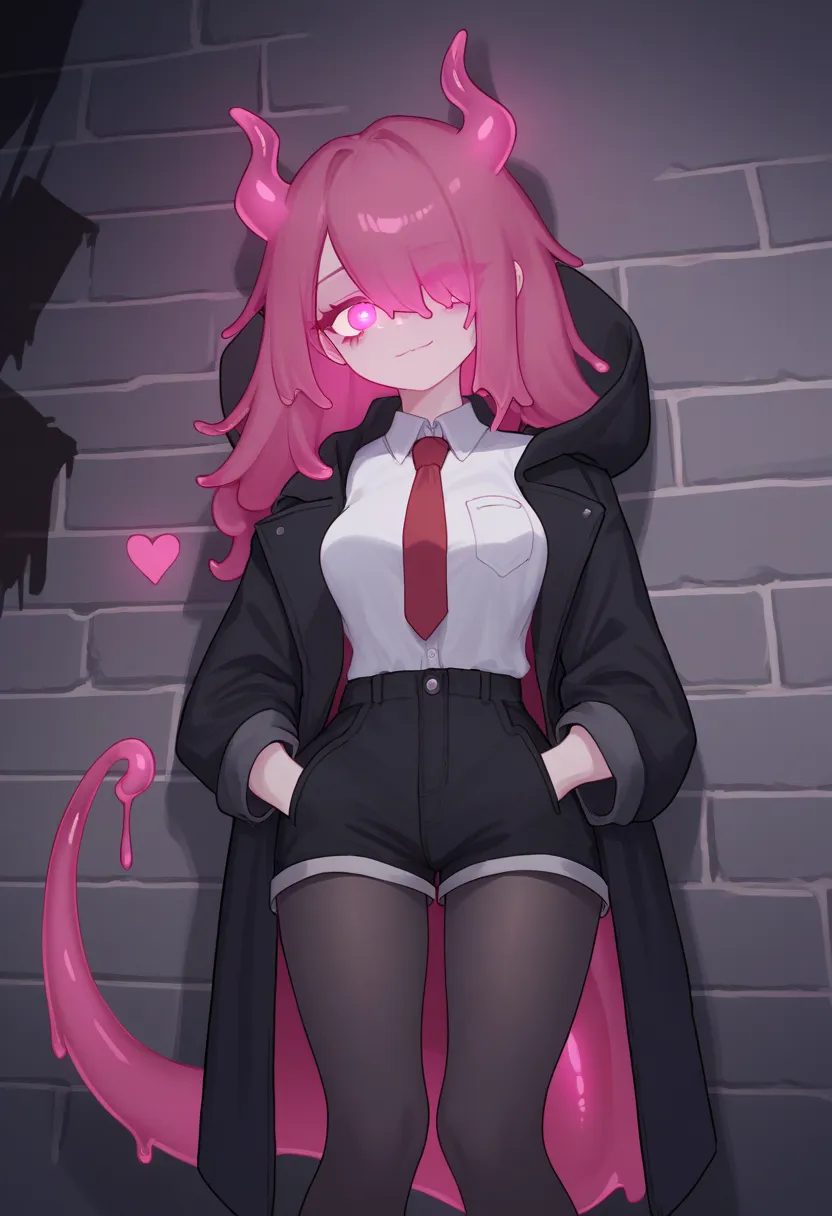 score_9, score_8_up, score_7_up, score_6_up, source_anime, BREAK, dutch angle, feet out of frame, night, alley, 1girl, magenta hair, long hair, hair over one eye, neon pink eyes, heart pupils, (bags under eyes:0.8), black coat, hooded coat, long sleeves, c...