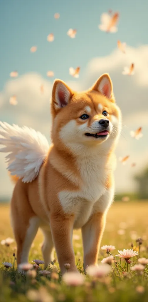 Shiba Inu, standing,cute,up,White angel wings on your back,Halo, Fluttering Feathers,Flower Field,high resolution, masterpiece, anatomically correct, 最high quality, has won numerous awards, high detail, high definition model, high quality, very detailed, u...