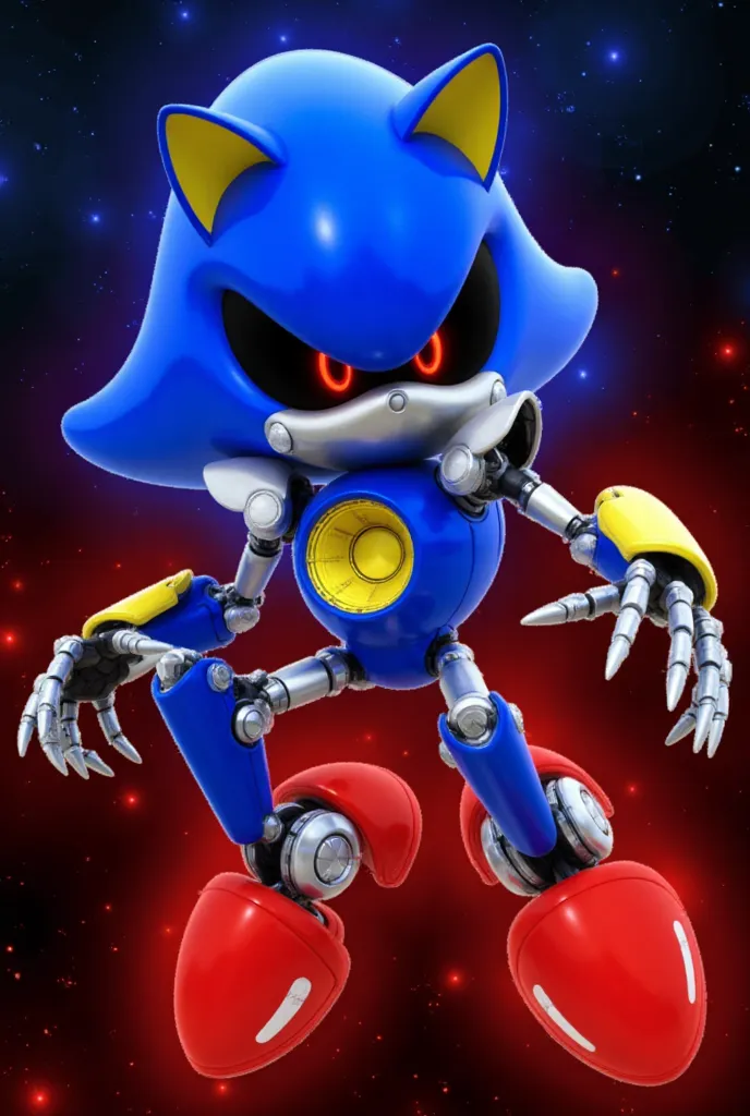 Metal Sonic in space, red aura, red eyes, red shoes, 