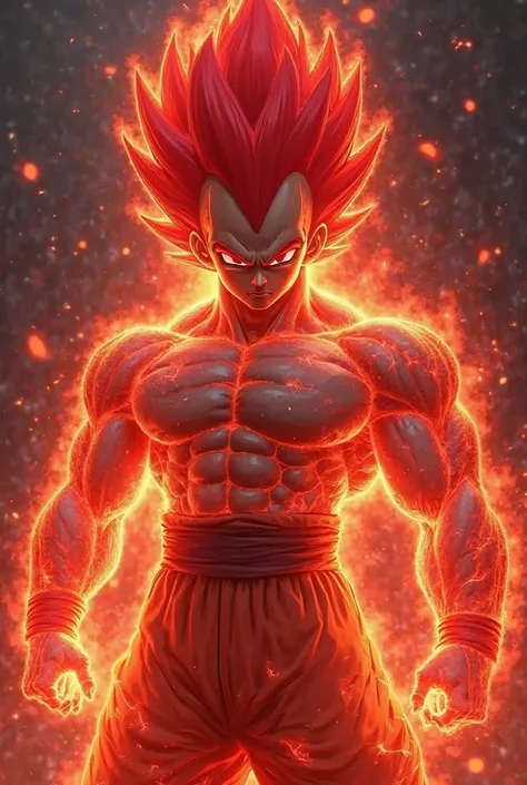 A fighter whose body looks like Vegeta, his hair is bright red and his body has a burning red energy painted on his body, his smell is bright red and his eyes are bright red