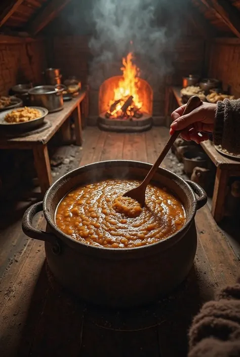 
"A first-person perspective of a person stirring a thick, hearty stew or porridge in a large, rustic metal pot with a wooden spoon. The dimly lit, wooden-floored kitchen is illuminated by the warm glow of an open fire in the background, with smoke rising ...