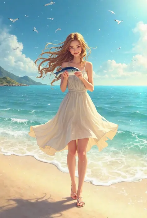 A beautiful girl at the beach holding fish 