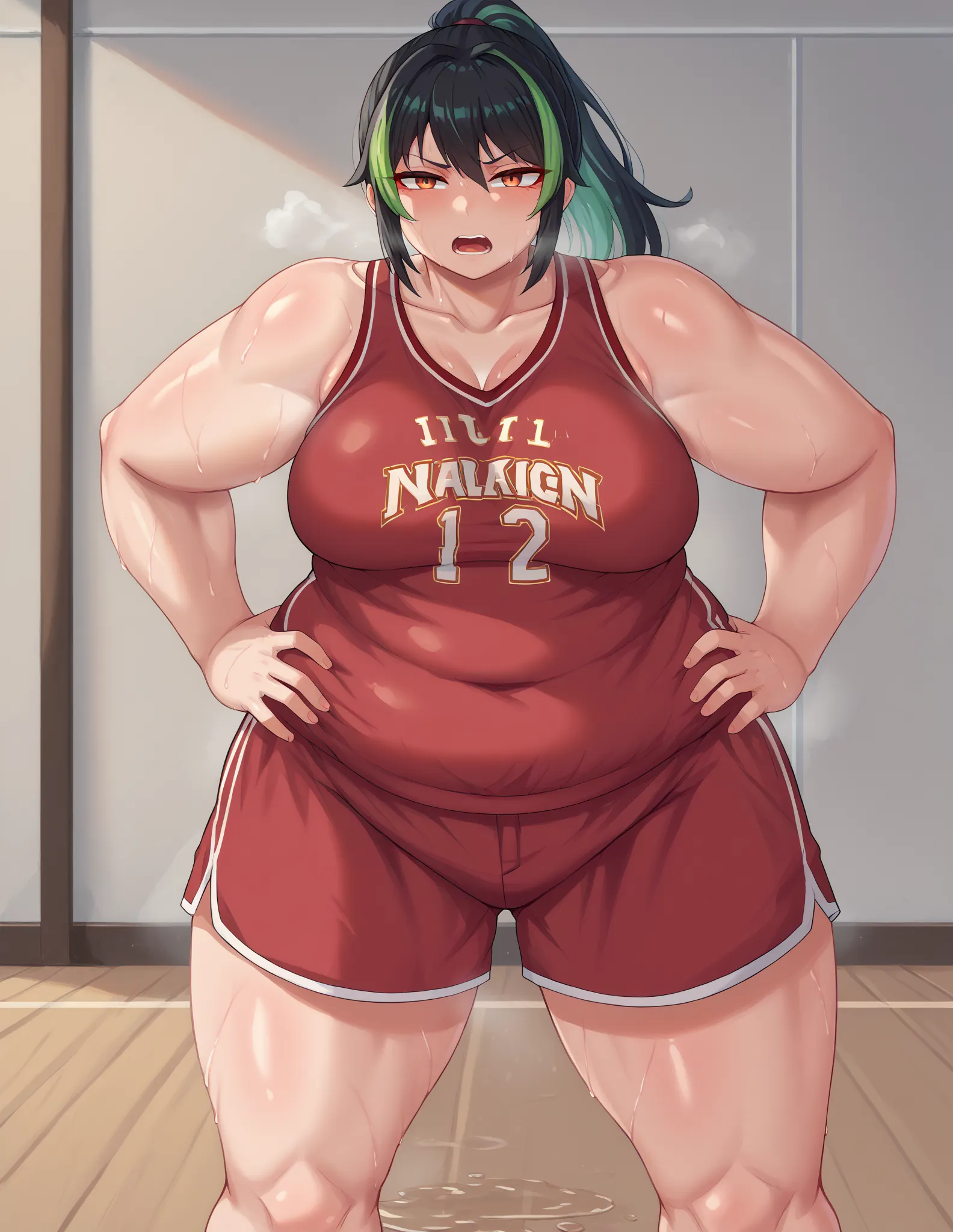 score_9, score_8_up, score_7_up, BREAK, 1girl, NemonaSDXL, solo, orange eyes, ponytail, black hair, streaked hair, green hair, 1girl, solo, dark skin, casual, cowboy shot, looking at the viewer, hand on hips, red tanktop, sweaty, black gym shorts, sweating...