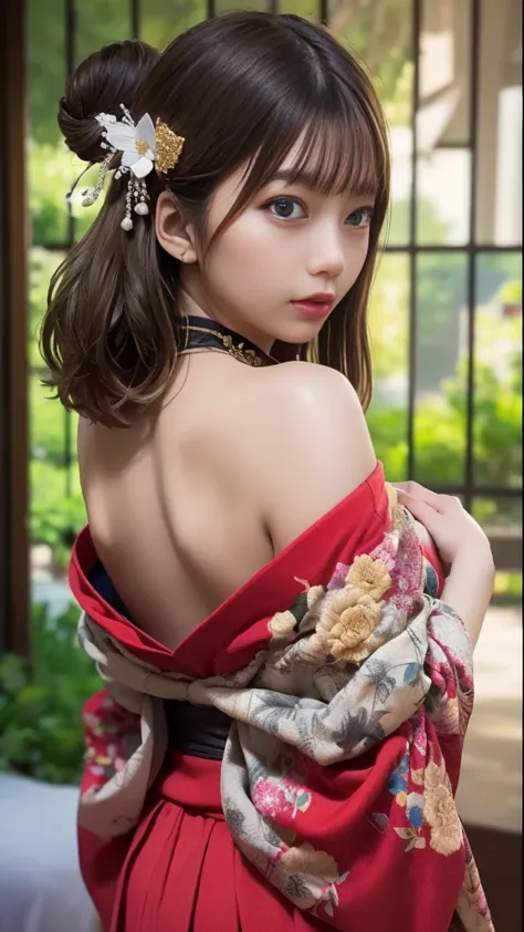 beautiful back、Broad back、off-shoulder、((A splendid furry kimono:1.2、luxurious embroidered kimono:1.3,Gorgeous Japanese clothing:1.2))、Medium breast、(nihongami,braided bun)、(( turn around、 look back、 looking out 、camera))、Inside the Japanese-style room、Gre...